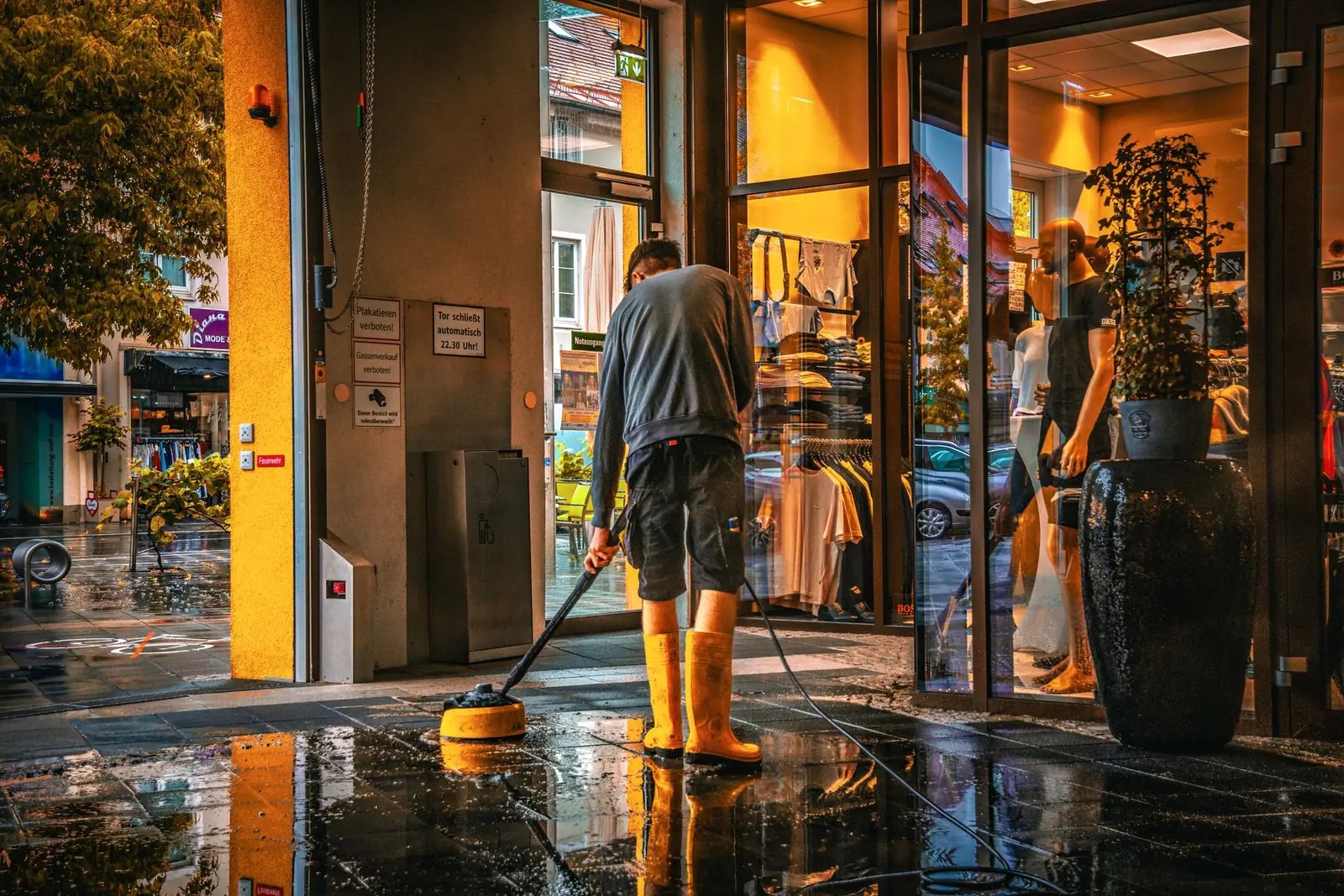 Lavage de l'entrée d'un commerce à Ivry-sur-Seine et Vitry-sur-Seine