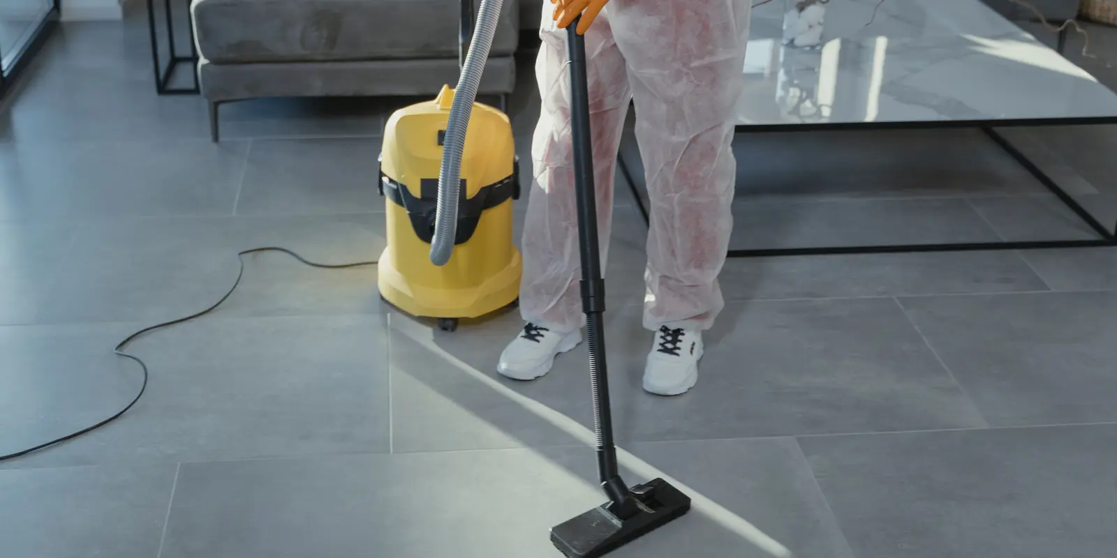 Agent Global Clean Home en prestation de nettoyage fin de bail dans un salon